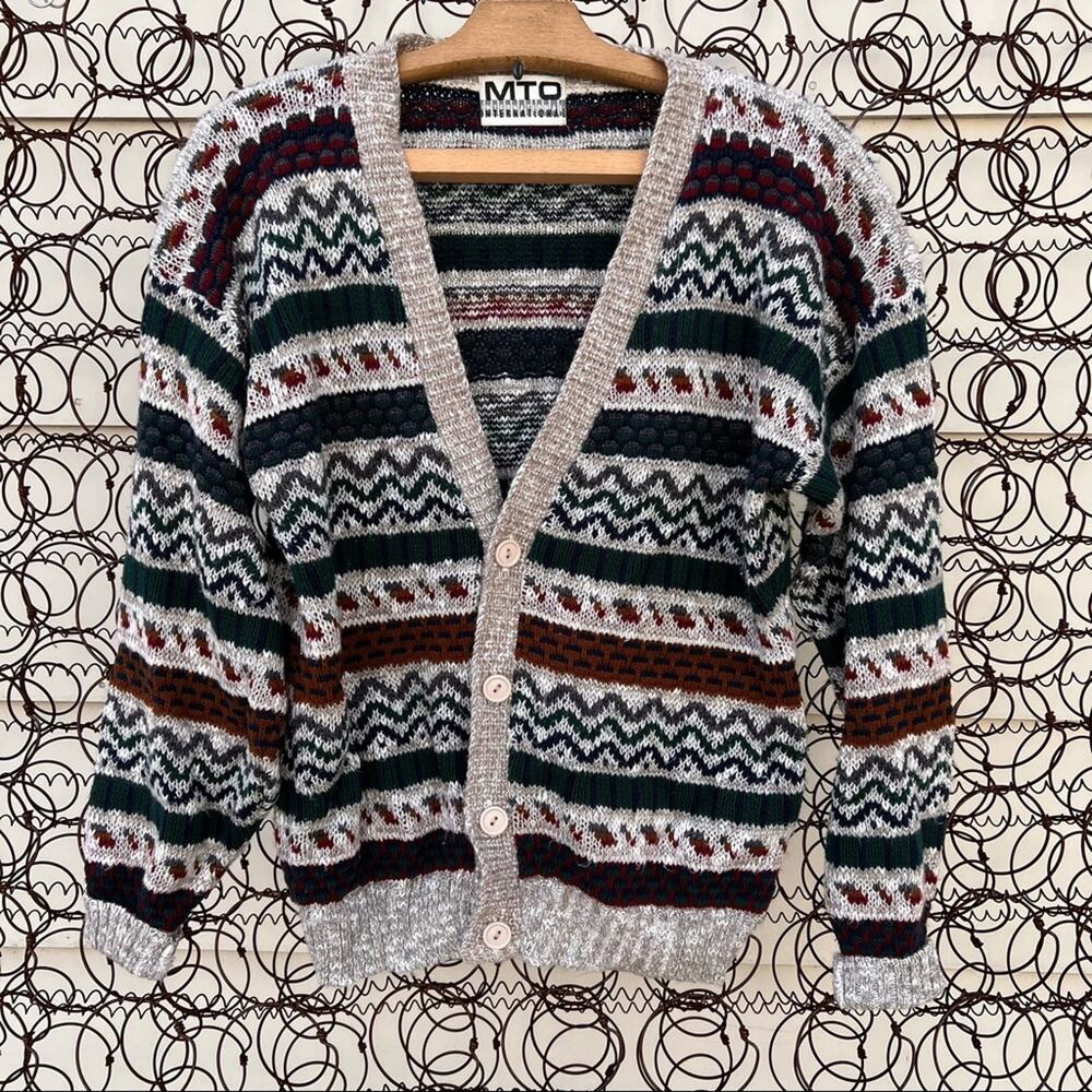 Vintage fair isle abstract stripe muted earth tone button down cardigan sweater